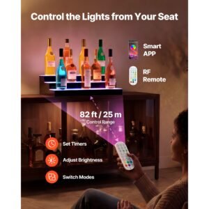 led lighted liquor bottle display, 3 tiers 24 inches, supports usb, acrylic illuminated home bar shelf display with rf remote & app control, 9 static colors, timing mode, for 18 24 bottles