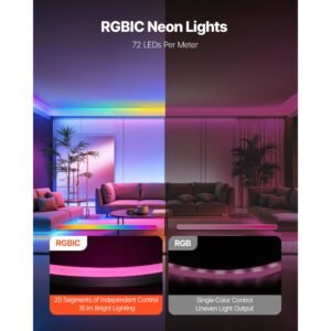 led neon rope light, 16.4 ft, flexible rgb ic led strip light, control with app/remote, works with alexa & google assistant, music syncing, custom diy neon flex lights, for bedroom gaming indoor
