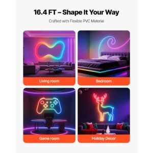 led neon rope light, 16.4 ft, flexible rgb ic led strip light, control with app/remote, works with alexa & google assistant, music syncing, custom diy neon flex lights, for bedroom gaming indoor