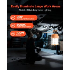 led temporary work light, 100w, 14400 lm, 5000k durable & water resistant, linkable up to 8 units, ceiling or stand job site illumination for construction sites, workshops, indoor & outdoor use