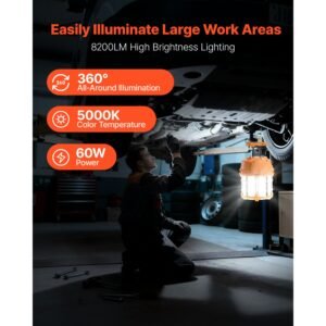 led temporary work light, 60w, 8200 lm, 5000k durable & water resistant, linkable up to 12 units, ceiling or stand job site illumination for construction sites, workshops, indoor & outdoor use