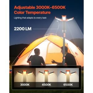 led work light with stand, 10ah, rechargeable cordless camping light, with 3 lamp heads, detachable tripod stand, 2200 lumens 3000k 6500k dimmable, portable construction lighting for job site