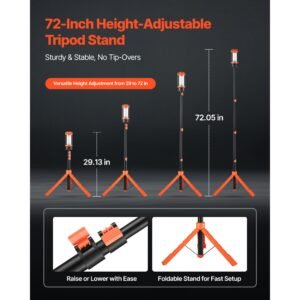led work light with stand, 10ah, rechargeable cordless camping light, with 3 lamp heads, detachable tripod stand, 2200 lumens 3000k 6500k dimmable, portable construction lighting for job site