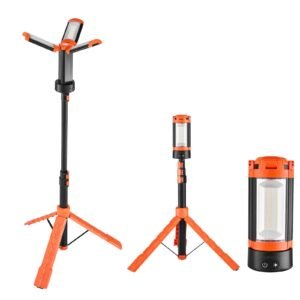 LED Work Light with Stand, 10Ah, Rechargeable Cordless Camping Light, with 3 Lamp Heads, Detachable Tripod Stand, 2200 Lumens 3000K-6500K Dimmable, Portable Construction Lighting for Job Site