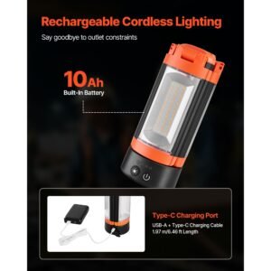 led work light with stand, 10ah, rechargeable cordless camping light, with 3 lamp heads, detachable tripod stand, 2200 lumens 3000k 6500k dimmable, portable construction lighting for job site