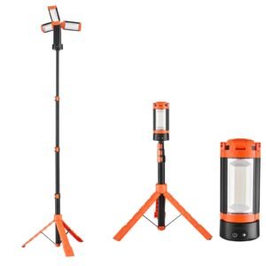 LED Work Light with Stand, 6Ah, Rechargeable Cordless Camping Light, with 3 Lamp Heads, Detachable Tripod Stand, 2200 Lumens 3000K-6500K Dimmable, Portable Construction Lighting for Job Site
