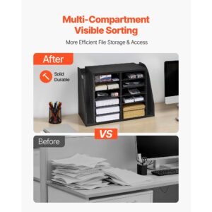 literature organizer, 12 compartments office mailbox with side vertical storage, wooden mailbox sorter made of particle board, countertop office home organizer for file, document, paper, black