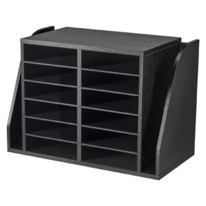 Literature Organizer, 12 Compartments Office Mailbox with Side Vertical Storage, Wooden Mailbox Sorter Made of Particle Board, Countertop Office Home Organizer for File, Document, Paper, Black