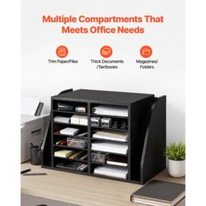 literature organizer, 12 compartments office mailbox with side vertical storage, wooden mailbox sorter made of particle board, countertop office home organizer for file, document, paper, black