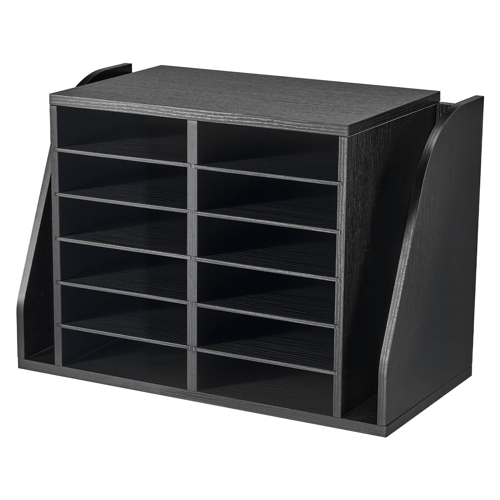 literature organizer, 12 compartments office mailbox with side vertical storage, wooden mailbox sorter made of particle board, countertop office home organizer for file, document, paper, black