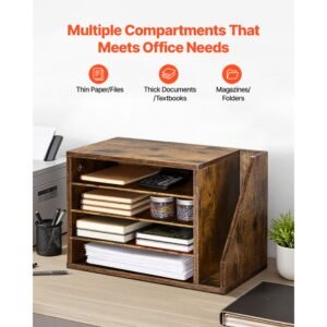 literature organizer, 4 compartments office mailbox with detachable shelves, wooden mailbox sorter with side vertical storage, countertop office home organizer for file, document, paper, brown