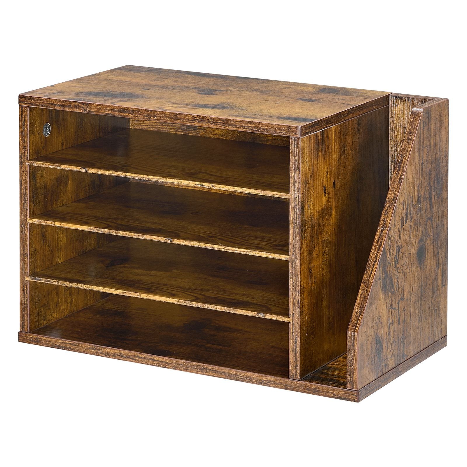 literature organizer, 4 compartments office mailbox with detachable shelves, wooden mailbox sorter with side vertical storage, countertop office home organizer for file, document, paper, brown