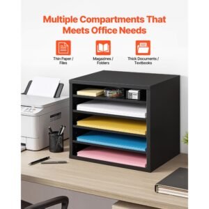 literature organizer, 5 compartments office mailbox with adjustable shelves, wooden mailbox sorter with mdf, countertop office home classroom storage organizer for file, document, paper, black