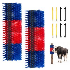 Livestock Scratching Brush, 2PCS Goat Scratcher Brush Post with 8 Screws, 16.9" x 7.5" Cow Scratcher for Back Itch Relief, Massage Grooming Scratch Tool for Horse Cattle Sheep Pig, Blue & Red