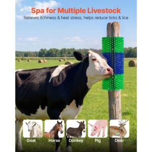 livestock scratching brush, 2pcs goat scratcher brush post with 8 screws, 16.9" x 7.5" cow scratcher for back itch relief, massage grooming scratch tool for horse cattle sheep pig, green & blue