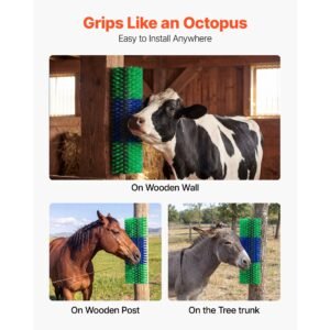 livestock scratching brush, 2pcs goat scratcher brush post with 8 screws, 16.9" x 7.5" cow scratcher for back itch relief, massage grooming scratch tool for horse cattle sheep pig, green & blue