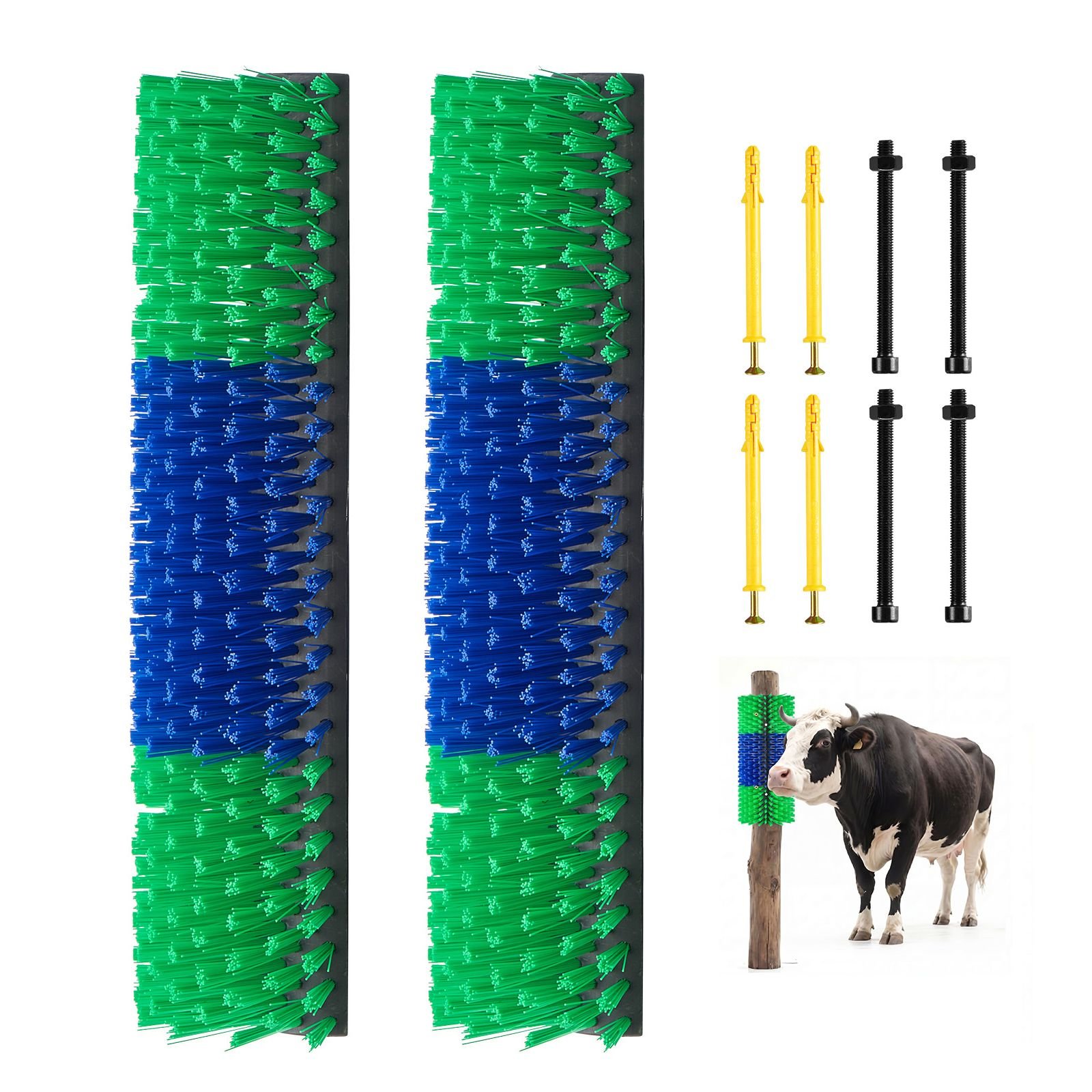 livestock scratching brush, 2pcs goat scratcher brush post with 8 screws, 16.9" x 7.5" cow scratcher for back itch relief, massage grooming scratch tool for horse cattle sheep pig, green & blue