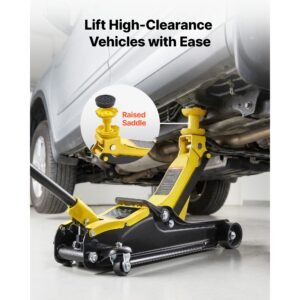 low profile floor jack, 2.5 ton (5512 lbs) capacity, steel racing floor jack with single piston quick lift pump & raised saddle, hydraulic trolley car lift for suvs, lifting range 3.3" 13.8"