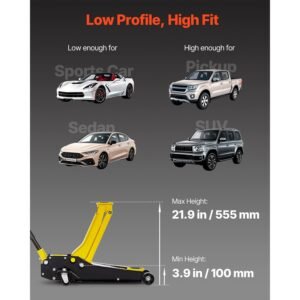 low profile floor jack, 4 ton (8818 lbs) capacity, steel racing floor jack with dual pistons quick lift pump, hydraulic trolley car lift for sport utility vehicle, lifting range 3.9 21.5 inches