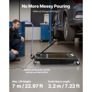 low profile oil drain pan, 17 gallon capacity, rolling oil drain pan with electric pump & 7.2 ft hose, leak proof & corrosion resistant, fit for cars, suvs, trucks, motorcycles, atvs, metal