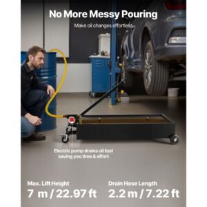 low profile oil drain pan, 20 gallon capacity, rolling oil drain pan with electric pump & 7.2 ft hose, leak proof & corrosion resistant, fit for cars, suvs, trucks, motorcycles, atvs, metal