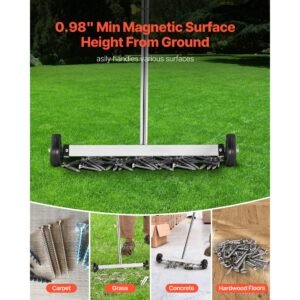 magnetic sweeper with wheels, 17 inch, 10 lbs load capacity, lightweight magnetic pickup sweeper with adjustable handle, pick up nails and screws, easy cleanup for garages, roofing projects
