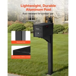 mailbox post, 56 x 4 x 4 inches, aluminum in ground mounting mail box stand with universal plate bracket, heavy duty metal post sleeve kit for outside curbside residential, powder coated black