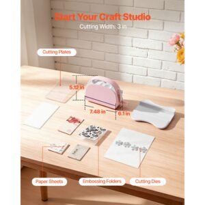 manual die cutting and embossing machine, 3" opening, portable die cut machine set with cutting dies, embossing folders, paper sheets, cutting plates, for scrapbooking, card making, crafting