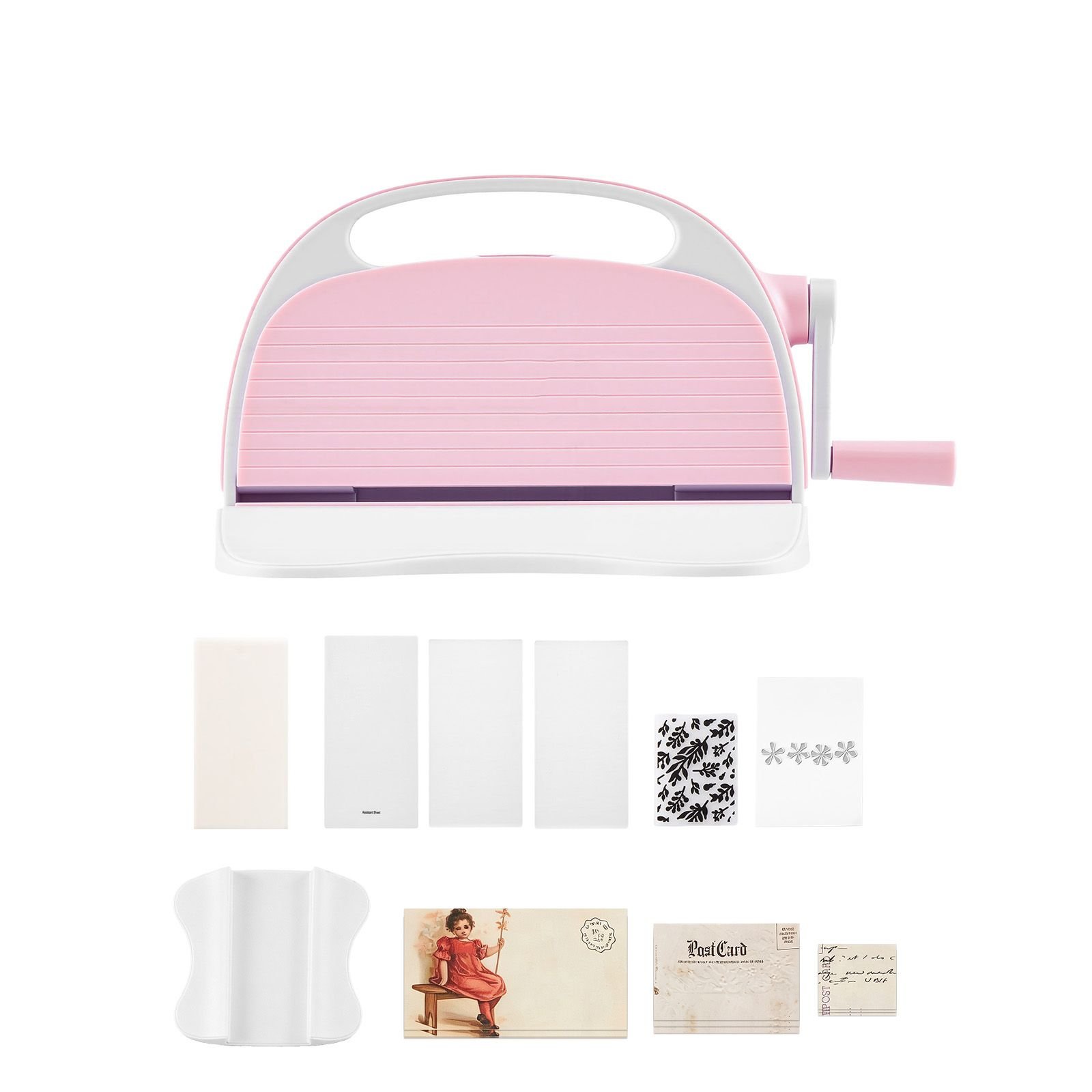 manual die cutting and embossing machine, 3" opening, portable die cut machine set with cutting dies, embossing folders, paper sheets, cutting plates, for scrapbooking, card making, crafting