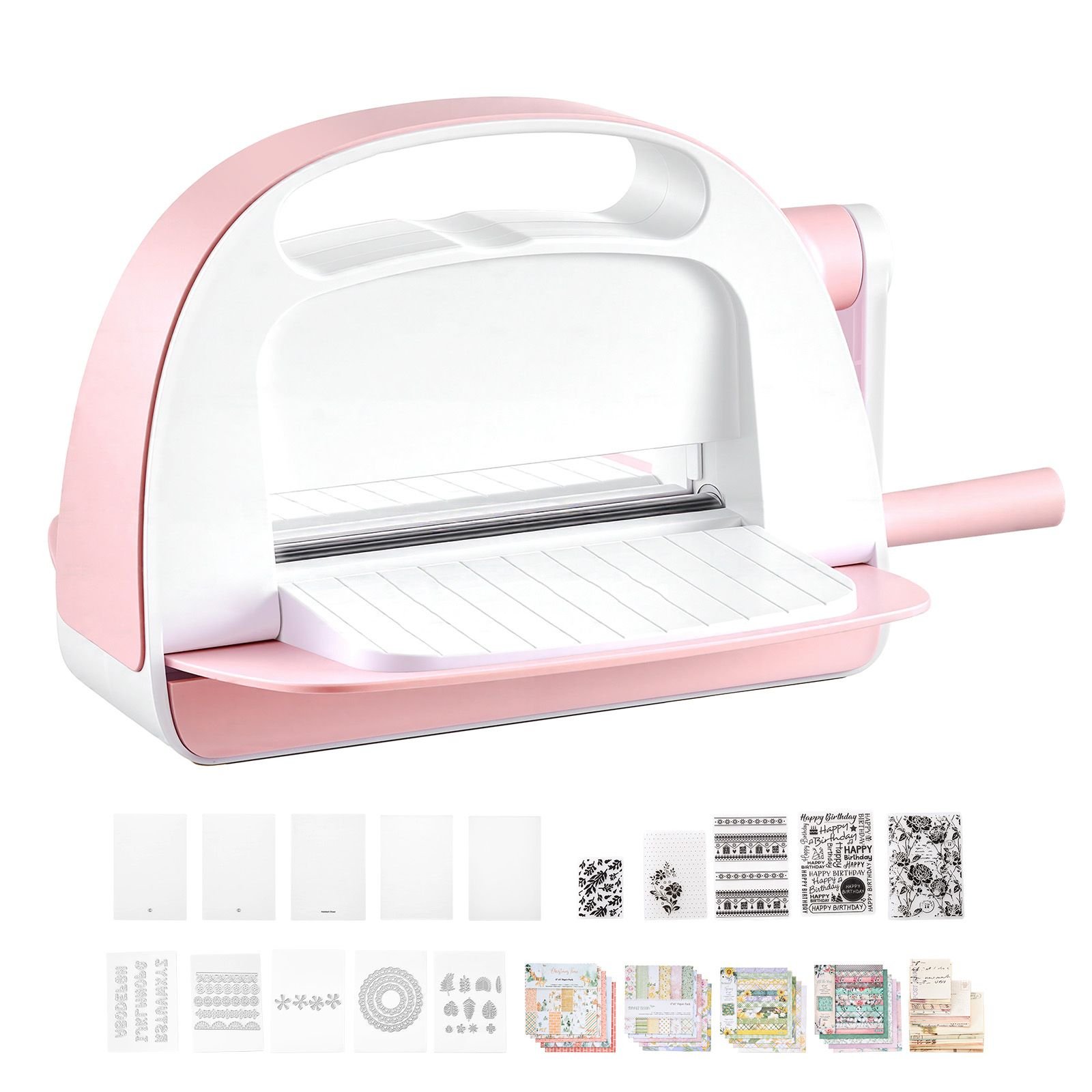 manual die cutting and embossing machine, 6" opening, portable die cut machine set with cutting dies, embossing folders, paper sheets, cutting plates, for scrapbooking, card making, crafting