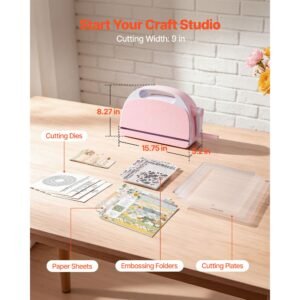 manual die cutting and embossing machine, 9" opening, portable die cut machine set with cutting dies, embossing folders, paper sheets, cutting plates, for scrapbooking, card making, crafting