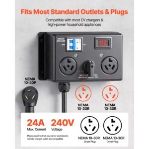 manual ev charging switch, nema 10 30, splitter switch for dryer & ev, 24a max 240v manual power distribution with circuit breaker, real time display, hand operated selector, plug and play, etl