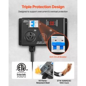 manual ev charging switch, nema 10 30, splitter switch for dryer & ev, 24a max 240v manual power distribution with circuit breaker, real time display, hand operated selector, plug and play, etl