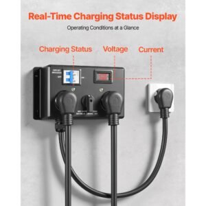 manual ev charging switch, nema 10 30, splitter switch for dryer & ev, 24a max 240v manual power distribution with circuit breaker, real time display, hand operated selector, plug and play, etl