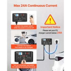 manual ev charging switch, nema 10 30, splitter switch for dryer & ev, 24a max 240v manual power distribution with circuit breaker, real time display, hand operated selector, plug and play, etl