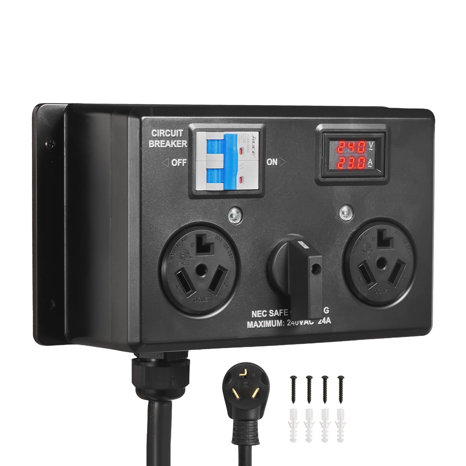 manual ev charging switch, nema 10 30, splitter switch for dryer & ev, 24a max 240v manual power distribution with circuit breaker, real time display, hand operated selector, plug and play, etl