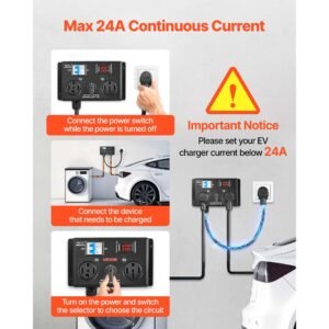 manual ev charging switch, nema 14 30p to 14 30r & 14 50r, splitter switch for dryer & ev, 24a max 240v manual power distribution with circuit breaker, hand operated selector, plug and play, etl