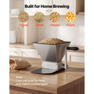 manual grain mill, homebrew malt grinder, adjustable barley mill crusher for wheat beer brewing with 2 stainless steel rollers, 1.06 gallon hopper & metal base plate