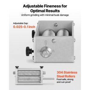 manual grain mill, homebrew malt grinder, adjustable barley mill crusher for wheat beer brewing with 2 stainless steel rollers, 1.06 gallon hopper & metal base plate