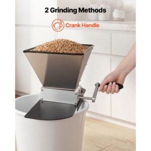 manual grain mill, homebrew malt grinder, adjustable barley mill crusher for wheat beer brewing with 2 stainless steel rollers, 1.06 gallon hopper & metal base plate