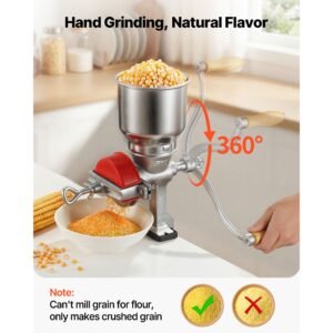 manual grain mill with high hopper, hand crank corn grinder, heavy duty cast iron wheat grinding mill with stable table clamp & dust cover for grains spices coffee beans nuts