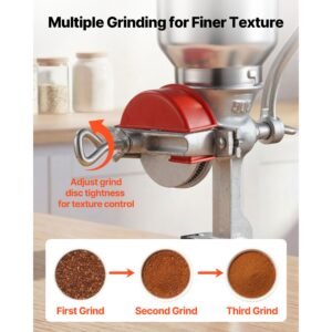 manual grain mill with high hopper, hand crank corn grinder, heavy duty cast iron wheat grinding mill with stable table clamp & dust cover for grains spices coffee beans nuts