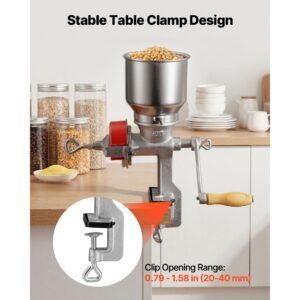 manual grain mill with high hopper, hand crank corn grinder, heavy duty cast iron wheat grinding mill with stable table clamp & dust cover for grains spices coffee beans nuts