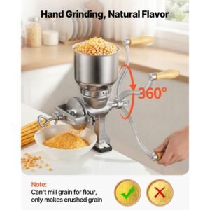 manual grain mill with high hopper, hand crank corn grinder, heavy duty cast iron wheat grinding mill with stable table clamp for grains spices coffee beans nuts