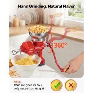manual grain mill with low hopper, hand crank corn grinder, heavy duty cast iron wheat grinding mill with stable table clamp & dust cover for grains spices coffee beans nuts