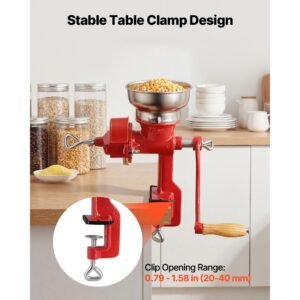 manual grain mill with low hopper, hand crank corn grinder, heavy duty cast iron wheat grinding mill with stable table clamp & dust cover for grains spices coffee beans nuts