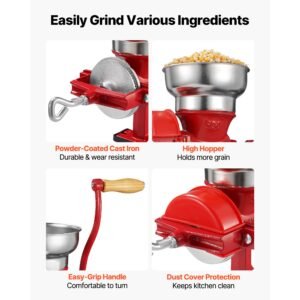 manual grain mill with low hopper, hand crank corn grinder, heavy duty cast iron wheat grinding mill with stable table clamp & dust cover for grains spices coffee beans nuts