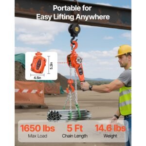 manual lever chain hoist, 3/4t 1650lbs capacity heavy duty come along, 5ft lift g80 alloy steel chain with dual pawl mechanical brake,360°rotating hooks, for warehouse construction garage