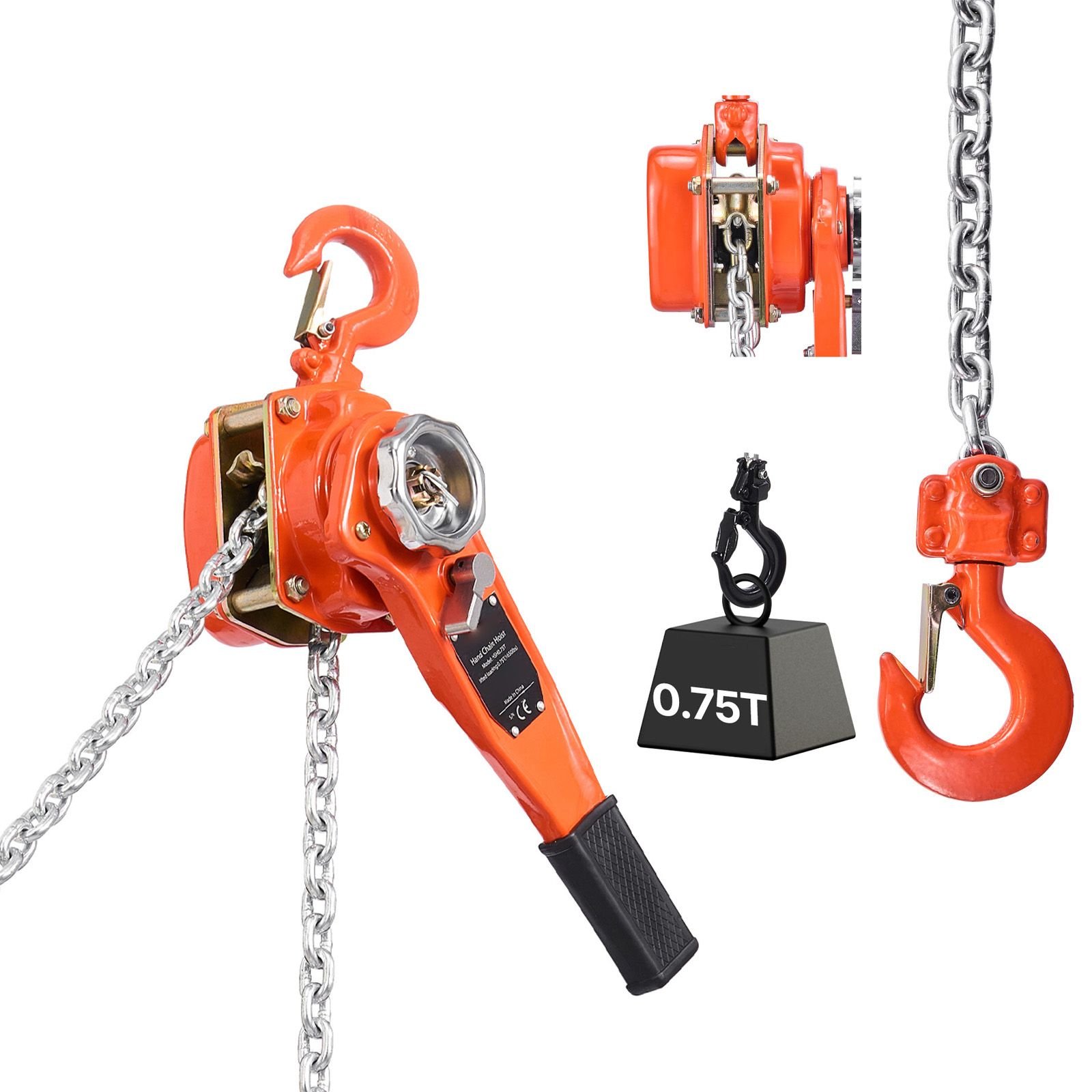 manual lever chain hoist, 3/4t 1650lbs capacity heavy duty come along, 5ft lift g80 alloy steel chain with dual pawl mechanical brake,360°rotating hooks, for warehouse construction garage