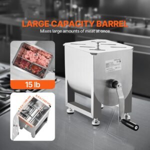 manual meat mixer, 15l fixed tank meat processing equipment(mixing maximum 15lbs for meat), stainless steel meat mixer, sausage mixer machine with lid and handle, ground beef hand mixer